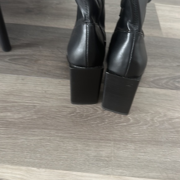 BLACK PU SQUARE TOE HIGH BLOCK OVER THE KNEE BOOTS - Picture 4 of 7